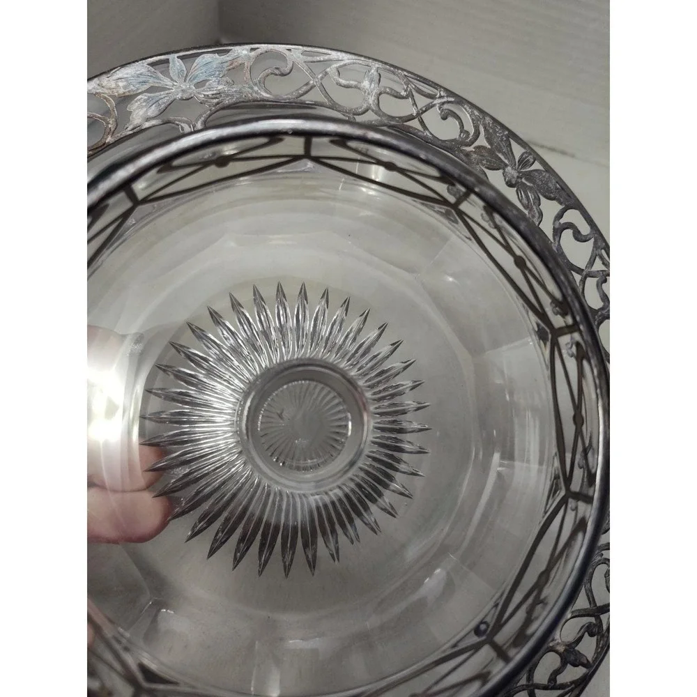 Sterling Silver Overlay Tiered Tray Cut Crystal Star Bottom Ornate Heisey Clear
